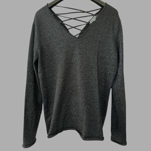 NEW YORK & COMPANY V Neck Metallic Lace Up Back V Neck Sweater Sz Large‎